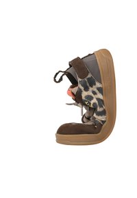 Brown climbing shoe with a textured leopard print side, gray fabric at the top, light rubber sole, and an adjustable lace system.
