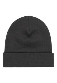 Grijze gebreide beanie met een omgeslagen rand, met een gladde textuur en eenvoudig ontwerp. Geen zichtbare logo's of patronen.