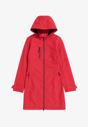 Chaqueta impermeable roja con capucha, con cremallera frontal, bolsillos laterales y puños ajustables. Textura suave y diseño sencillo.