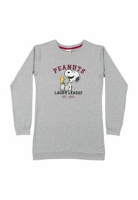 Felpa grigia a maniche lunghe con grafica di Snoopy e il testo "PEANUTS LAUGH LEAGUE EST. 1950" in rosso e nero. Materiale in misto cotone.