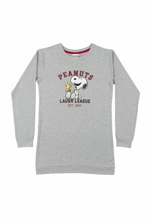 Gray long-sleeve sweatshirt featuring a Snoopy graphic with the text "PEANUTS LAUGH LEAGUE EST. 1950" in red and black. Cotton blend material.