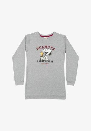 Gray long-sleeve sweatshirt featuring a Snoopy graphic with the text "PEANUTS LAUGH LEAGUE EST. 1950" in red and black. Cotton blend material.
