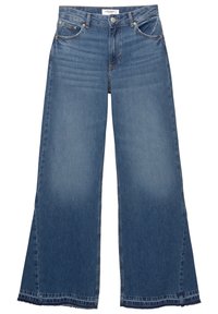 Modré široké denimové džínsy s prednými vreckami, pútkami na opasok, zapínaním na gombík a jemným vyblednutím na stehnách a dolných nohách.