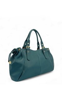 Sac à main en cuir bleu sarcelle avec une texture lisse, deux poignées, une fermeture à cordon réglable et des détails en métal doré.