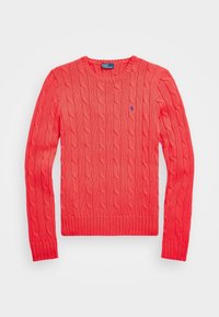 Heller Korallenfarbener, grob gestrickter Pullover mit langen Ärmeln, Rundhalsausschnitt und kleinem gesticktem Logo auf der linken Brust.