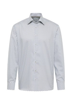 Camicia bianca a maniche lunghe con bottoni, con piccolo motivo geometrico blu e giallo, colletto classico e polsini con un solo bottone.