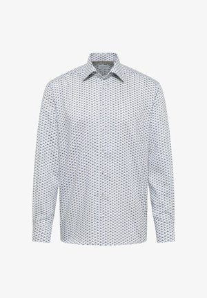 Hvid langærmet skjorte med knapper, med lille blåt og gult geometrisk mønster, klassisk krave og manchetter med enkelt knap.