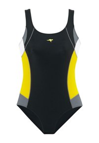 Einteiliger Badeanzug in Schwarz mit gelben und grauen Akzenten, ausgestattet mit einem schlanken Design, mittellangen Trägern und einem Känguru-Logo auf der Brust.
