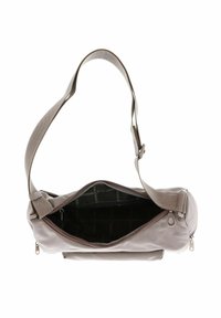 Borsa a spalla in tessuto marrone chiaro con una texture liscia, chiusura con zip e una sola tracolla regolabile. L'interno ha una fodera scura.
