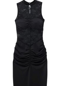 Vestido negro sin mangas con cuerpo de encaje, busto y cintura fruncidos, escote alto y un pequeño detalle en forma de ojo de cerradura en el pecho.