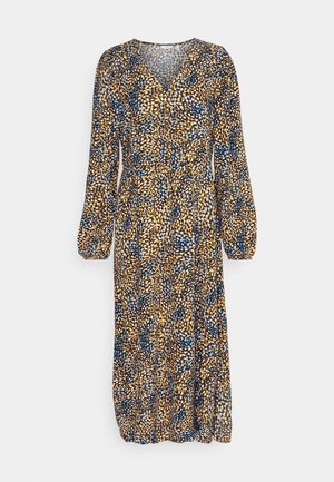 Floral wrap dress in brown, yellow, and blue. Features long sleeves, V-neck, and a gathered waist, made from a lightweight, textured fabric.