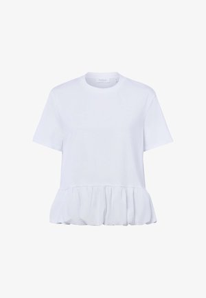 White short-sleeve blouse with round neck and gathered ruffle hem, displayed on a plain white background.