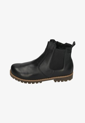Black leather ankle boots with elastic side panels, textured surface, and a rugged rubber sole with a low profile. Zippered entry on the rear.