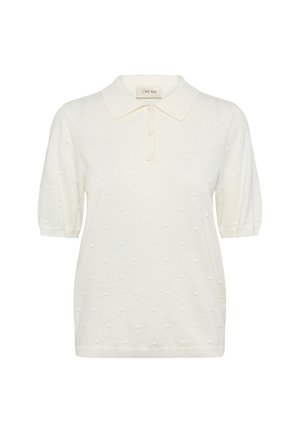 Pulover polo crem cu mâneci scurte, texturat cu puncte în relief, guler ascuțit și fante cu nasturi în față. Material tricotat moale.