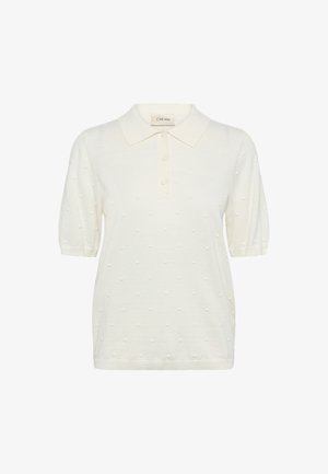 Pull polo à manches courtes crème avec une texture de points en relief, un col pointu et une patte de boutonnage à l'avant. Matière en tricot douce.