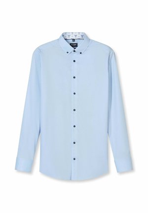 Hellblaues Herrenhemd mit Knopfkragen, langen Ärmeln, schwarzen Knöpfen und Tennisschläger-Muster im Krageninneren.