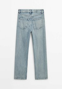 Jeans in denim azzurro chiaro con design a gamba dritta, dotati di due tasche posteriori e dettagli cuciti, mostrati dal retro.