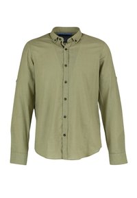 Chemise olive à manches longues avec boutons et col, présentée sur un fond blanc uni.