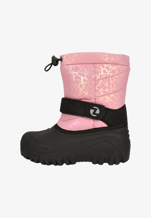 Roze waterdichte winterlaars met een gestructureerde bovenkant met geometrische patronen, zwarte rubberen zool en verstelbare enkelband.