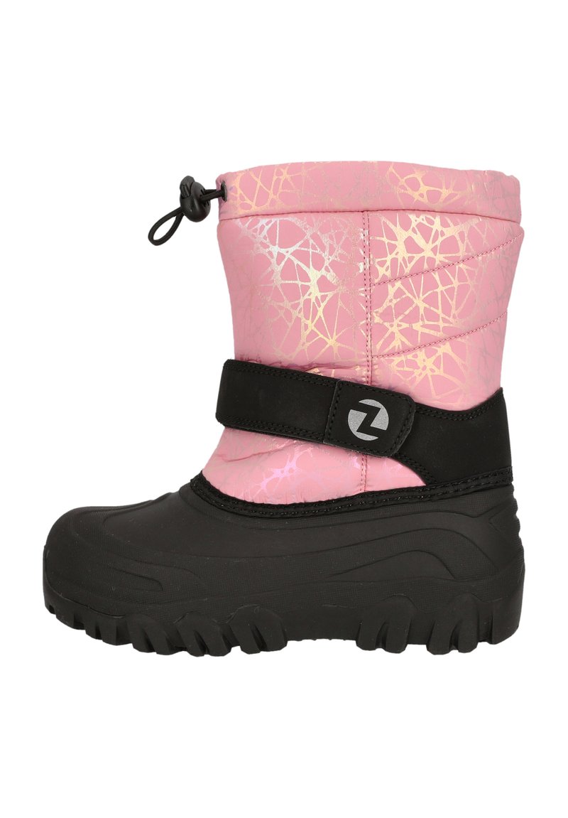 Rosa wasserdichte Winterstiefel mit einer strukturierten Oberseite, die geometrische Muster aufweist, schwarzer Gummisohle und verstellbarem Knöchelriemen.