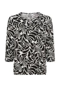 Schwarz-weißer Oberteil mit einem botanischen Blättermuster, rundem Halsausschnitt und drei Viertel langen Ärmeln. Hergestellt aus umweltfreundlichem Material.