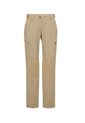 Pantaloni da esterno marrone chiaro con rinforzi sulle ginocchia, tasca laterale con cerniera, passanti per cintura e chiusura con bottone in vita.