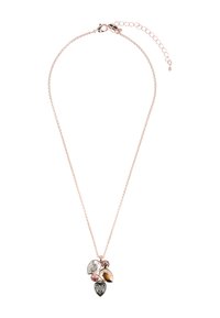 Roze gouden ketting met een delicate ketting en een hanger met vier veelhoekige stenen in schakeringen van grijs, roze en helder.