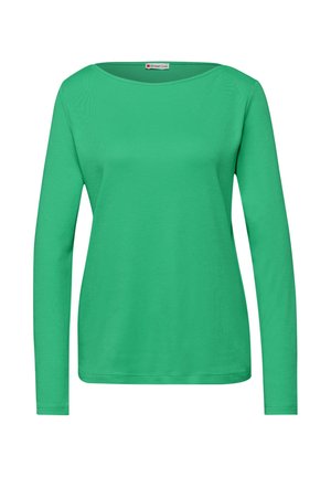 Långärmad grön bomullst-shirt med rund halsringning, slät textur, figursydd design utan synliga mönster eller detaljer.