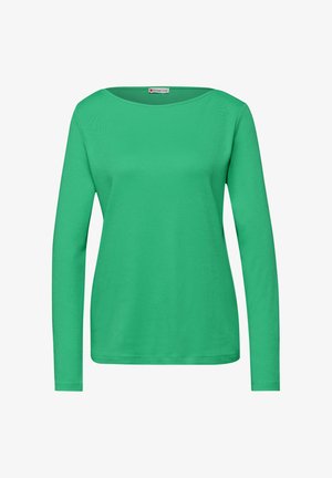 Långärmad grön bomullst-shirt med rund halsringning, slät textur, figursydd design utan synliga mönster eller detaljer.