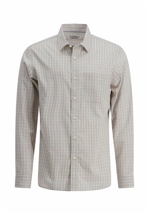 Overhemd met lange mouwen en knopen, met een beige basis en een fijn ruitpatroon in blauw en rood, voorzien van een borstzakje en een brede kraag.