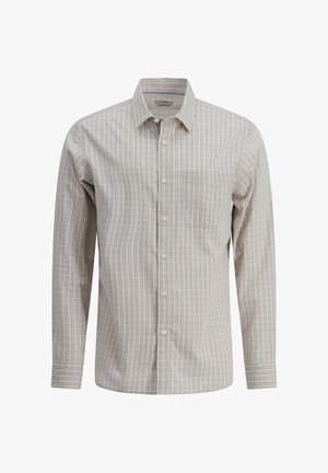 Overhemd met lange mouwen en knopen, met een beige basis en een fijn ruitpatroon in blauw en rood, voorzien van een borstzakje en een brede kraag.