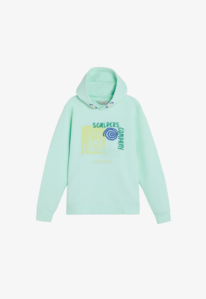 Sweat à capuche vert clair avec capuche, cordons de serrage et graphique avant présentant un crâne, une spirale et le texte "SCALPERS COMPANY".