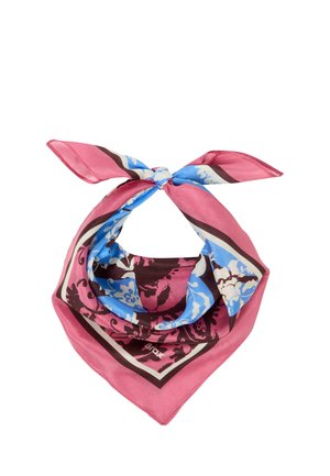 Foulard carré en soie avec des motifs floraux roses, bleus, marron et blancs, noué en haut.