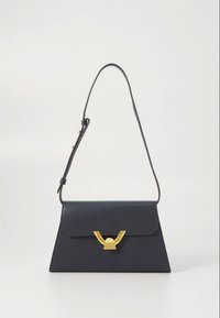Navy blue leather handbag with a structured shape, featuring a gold hardware clasp and a detachable shoulder strap for versatile use.