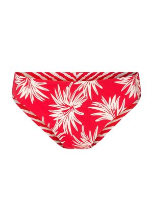 Parte inferior de bikini roja con patrón de hojas tropicales blancas, material elástico, lados de ancho medio y un acabado texturizado.