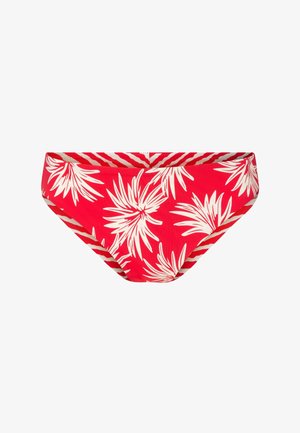 Bas de bikini rouge avec motif de feuilles tropicales blanches, en matière élastique, côtés de largeur moyenne et finition texturée.