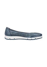 Blue leather flats with perforated design, white midsole, and textured toe. Features a rounded shape and contrast navy accents.