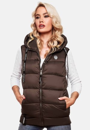 Brown puffer vest with a hood, featuring a zip closure, side pockets, and branded accents. The fabric has a smooth texture and quilted design.