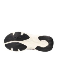Outsole of a white sneaker with black traction pads and FILA logo embossed on the forefoot area.