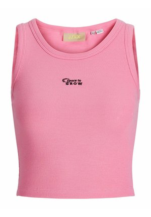 Lyserød ribbet crop top med en rund udskæring og broderet tekst "Space to GROW" i sort. Stoffet har en glat tekstur og minimale sømme.