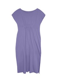 Fioletowa sukienka z krótkimi, bufiastymi rękawami, marszczoną talią i kieszeniami po bokach. Wykonana z miękkiego, lekkiego materiału o prostym kroju.