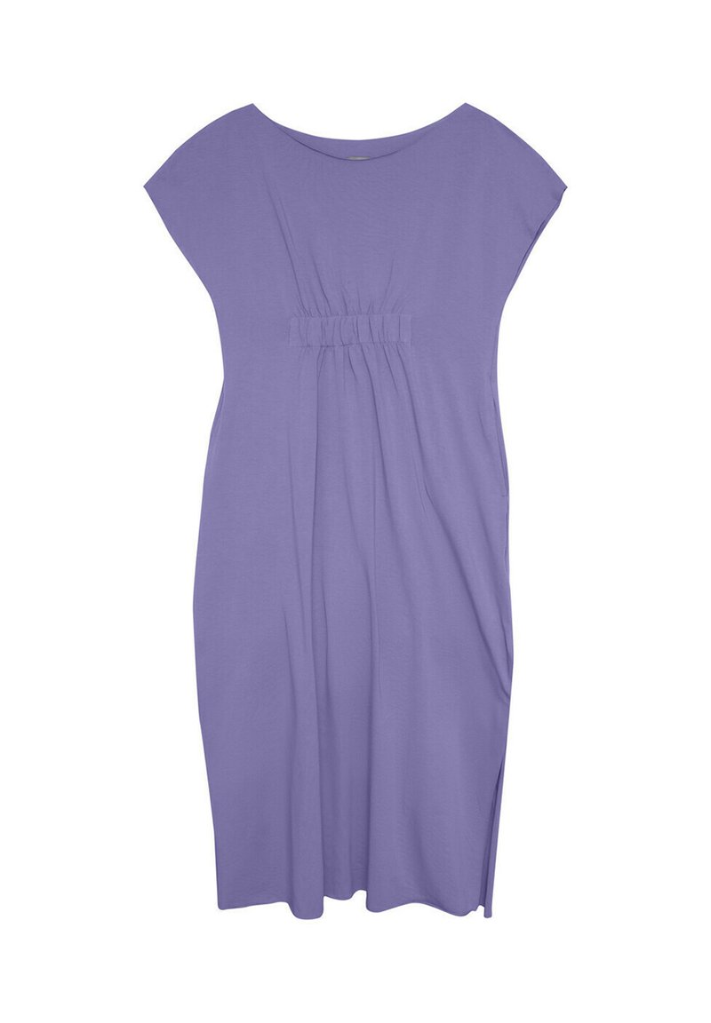 Fioletowa sukienka z krótkimi, bufiastymi rękawami, marszczoną talią i kieszeniami po bokach. Wykonana z miękkiego, lekkiego materiału o prostym kroju.
