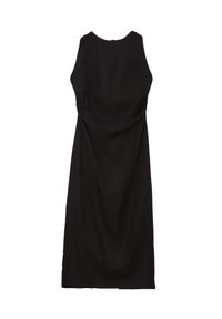 Schwarzes ärmelloses Kleid mit rundem Ausschnitt, tailliertem Oberteil und drapierten Stoffdetails an den Seiten, die eine sanfte Silhouette schaffen.