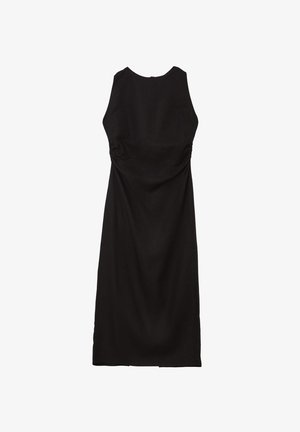 Schwarzes ärmelloses Kleid mit rundem Ausschnitt, tailliertem Oberteil und drapierten Stoffdetails an den Seiten, die eine sanfte Silhouette schaffen.