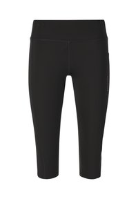 Mustat capri legginsit, jotka on valmistettu joustavasta kankaasta. Niissä on pehmeä pinta ja leveä vyötärönauha. Mukana sivutasku ja kontrastivärinen ommel.