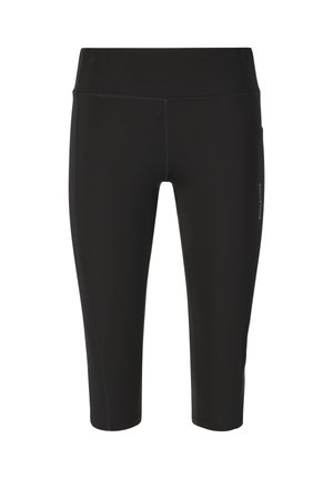 Zwarte capri legging gemaakt van een rekbare stof, met een gladde textuur en een brede tailleband; inclusief een zijvak en contrasterende stiksels.