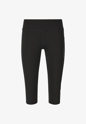Zwarte capri legging gemaakt van een rekbare stof, met een gladde textuur en een brede tailleband; inclusief een zijvak en contrasterende stiksels.