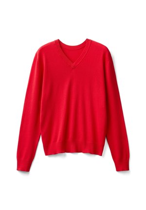 Roter Langarm-V-Ausschnitt-Pullover mit gerippten Bündchen und Saum, flach auf weißem Hintergrund ausgelegt.