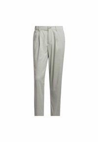 Pantalon gris clair sur mesure avec taille élastique, bouton frontal, coupe épurée et poches latérales.