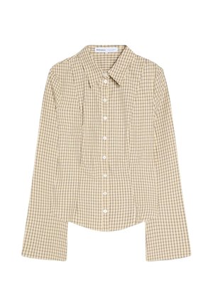 Bézs hosszú ujjú, gombos ing fekete kockás mintával, hegyes gallérral és testhez simuló szabással.